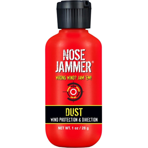Dead Down Wind Nose Jammer Dust 1oz, red powder container with black cap, designed for wind protection and direction during outdoor activities.