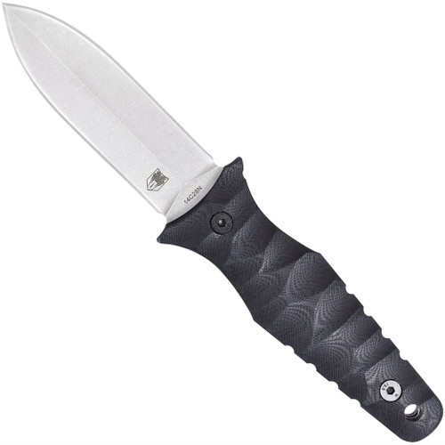 Cobratec Claymore Dagger Fixed Blade Satin Stonewash, close-up view of the tactical dagger with satin-finished blade and black textured handle.