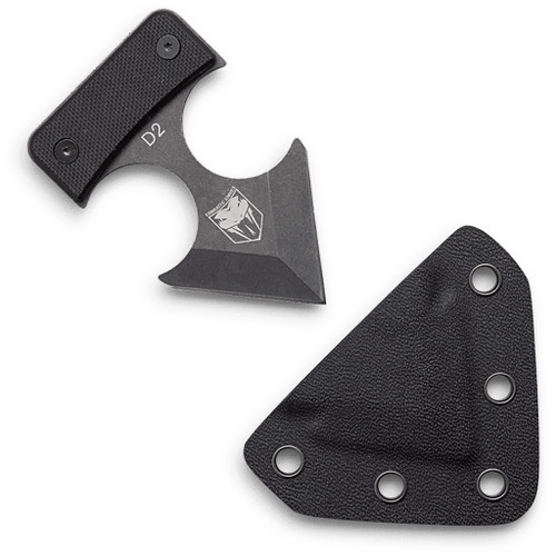 Cobratec Defender D2 Knife Fixed Blade Black, compact black fixed blade knife with a triangular handle and a black sheath.