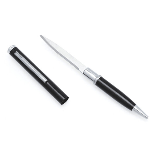 Cobratec Pen Knife Fixed Blade Black, sleek black and silver pen knife with a fixed blade knife and matching pen design.