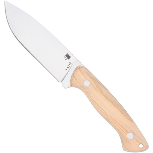 Cobratec Fixed Blade Twin Mountain Knife Fixed Blade Olivewood 4.5", close-up of the knife showing a sharp, curved blade and a light wooden handle with metal rivets.
