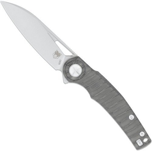 Cobratec Apex Button Lock M390 Knife Folding Blade Sheepsfoot, close-up of the folding knife with a silver blade and textured gray handle.