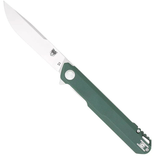 Cobratec Monarch G-10 Folder Knife Folding Blade Green, close-up view of the folding knife with a green G-10 handle and stainless steel blade.