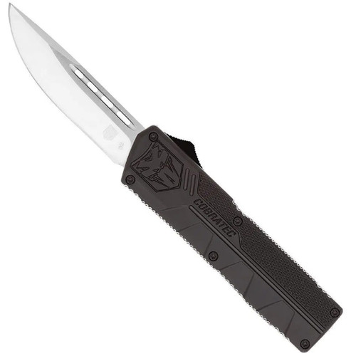 Cobratec Lightweight Otf Knife Dual Action Otf Blade Black, showcasing a sleek black handle with textured grip and a partially extended silver blade in a modern design.