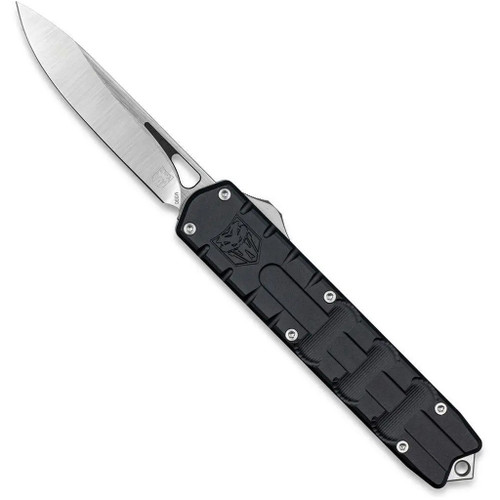 Cobratec Medium Enforcer M390 Otf Knife, black tactical folding knife with open blade showcasing a sleek design.