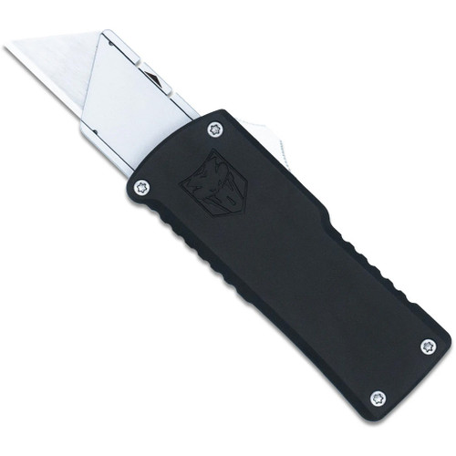 Cobratec Utility Otf Knife, black folding utility knife with a partially extended stainless steel blade.