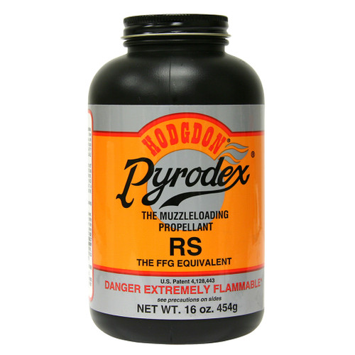 Hodgdon Pyrodex Rs Powder 1 Lb, black container of smokeless powder with orange and silver label, hazardous warning, 16 oz (454 g) capacity.
