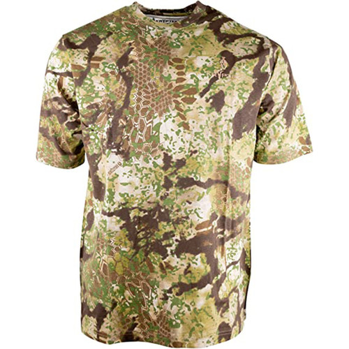 Kryptek Stalker Short Sleeve Shirt Obskura Transitional Medium, camouflage tactical shirt with green, brown, and beige pattern.