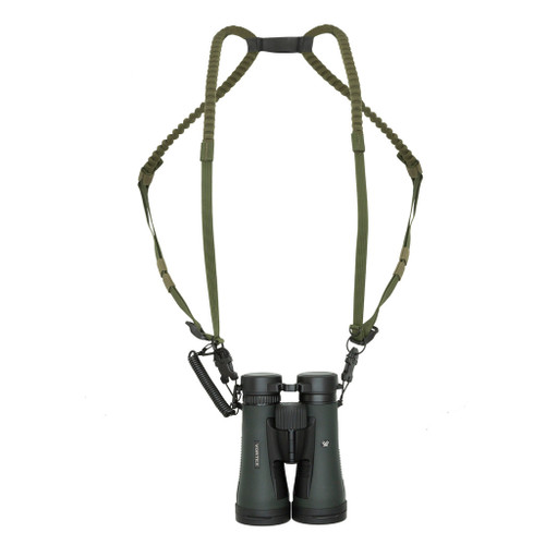 Elevation Dual Bino Harness Green/Black, outdoor binocular harness in green and black with adjustable straps and secure clips.