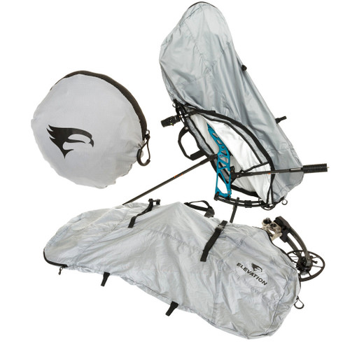 Elevation Packable Bow Cover Grey 39 In., a protective cover for a bow and accessories, including a drawstring bag, designed to fit 39-inch bows for easy transportation and storage.