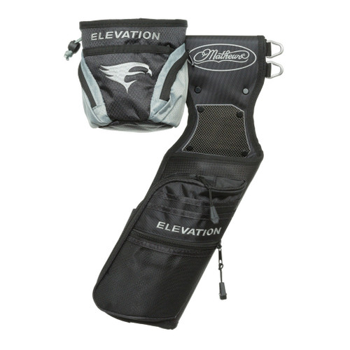 Elevation Nerve Field Quiver Package Mathews Edition Black Lh, black and gray archery quiver with multiple compartments and adjustable features.