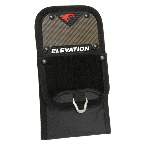 Elevation Aero Pocket Quiver Black, compact archery quiver with carbon fiber design on the top and a black fabric body, featuring a metal hook at the bottom for attachment.