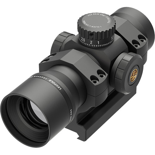 Leupold Freedom Red Dot Sight 1x34mm 223 Bdc 1.0 Moa Dot With Mount, black tactical riflescope with mounting base and adjustable knobs.
