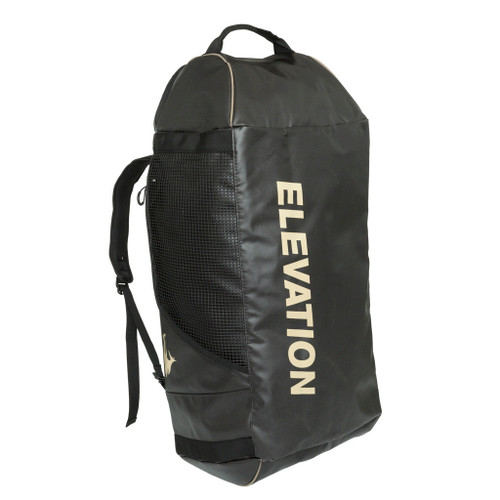 Elevation Charter Travel Duffel Black, a large black travel duffel bag with beige detailing and the Elevation logo printed on it.
