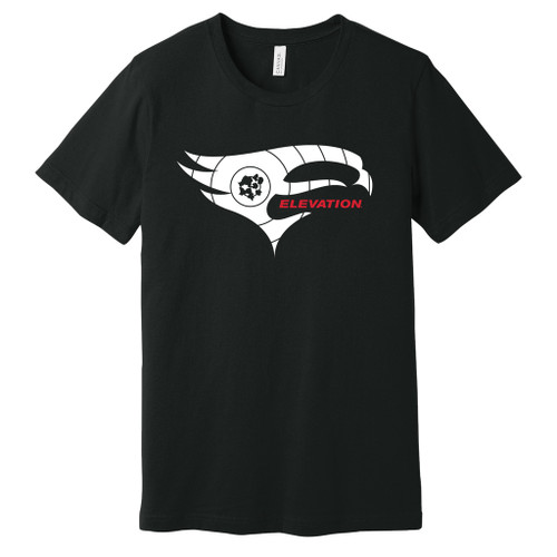 Elevation Target Tee Black Large, black t-shirt featuring a bold graphic of a stylized eagle head with the word 'Elevation' in red across the beak.