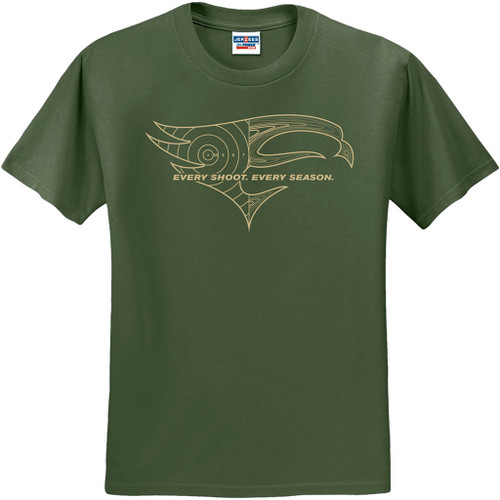 Elevation Every Shoot Every Season Premium Tee 2x Large, green T-shirt with a stylized bird logo and the slogan 'Every Shoot. Every Season.' printed on the front.