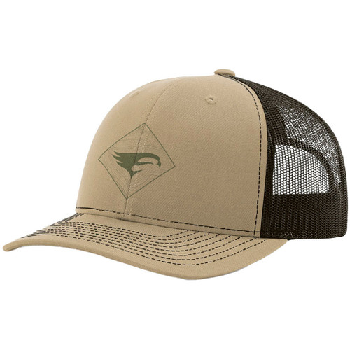 Elevation Topo Hat Khaki/Coffee, a stylish trucker cap with a khaki front panel featuring a logo, and a black mesh back for breathability.