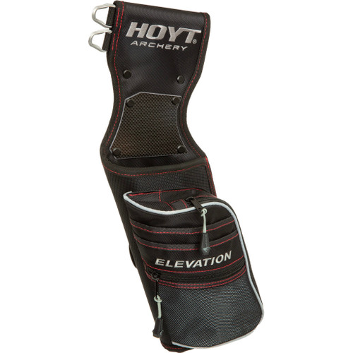 Elevation Nerve Field Quiver Hoyt Edition Black Rh, black and red archery quiver with multiple pockets and metal hooks.