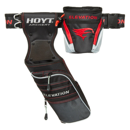 Elevation Nerve Field Quiver Package Hoyt Edition Black/red LH, black and red archery quiver with multiple compartments, adjustable strap, and Hoyt and Elevation branding.