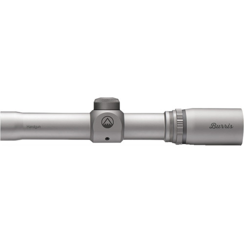 Burris Handgun Scope 2x Plex Nickle, silver-colored scope with 2x magnification and adjustable turrets for precision targeting.