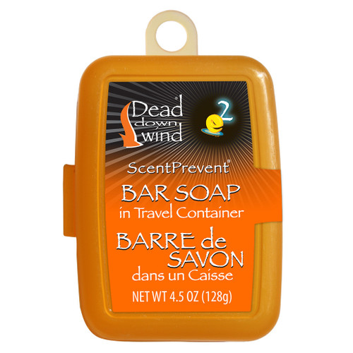 Dead Down Wind Bar Soap with Travel Container, orange soap bar in a compact yellow travel case for outdoor use.