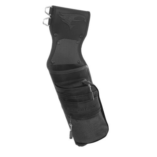 Elevation Nerve Field Quiver Black Rh, a black tactical archery quiver with multiple storage compartments and metal hook attachments for holding archery arrows.