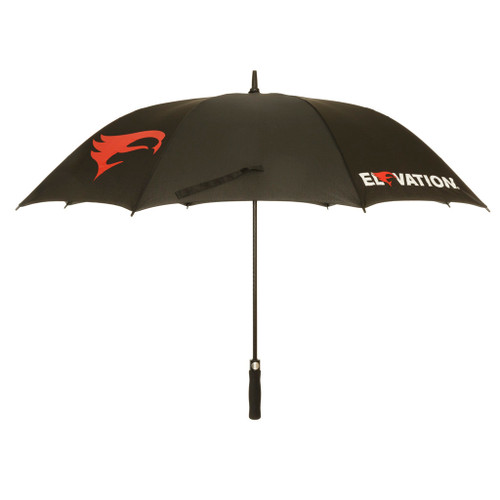 Elevation Tour Umbrella Black, black umbrella with red flame logo and white Elevation branding, compact and durable design for rain protection.