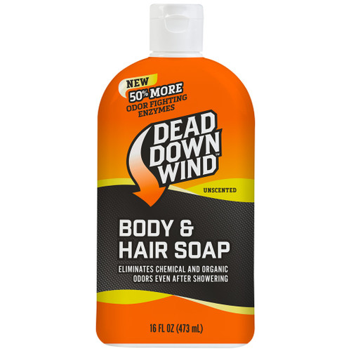 Dead Down Wind Body And Hair Soap 16 Oz, orange bottle with black and yellow label showcasing the product name and features.