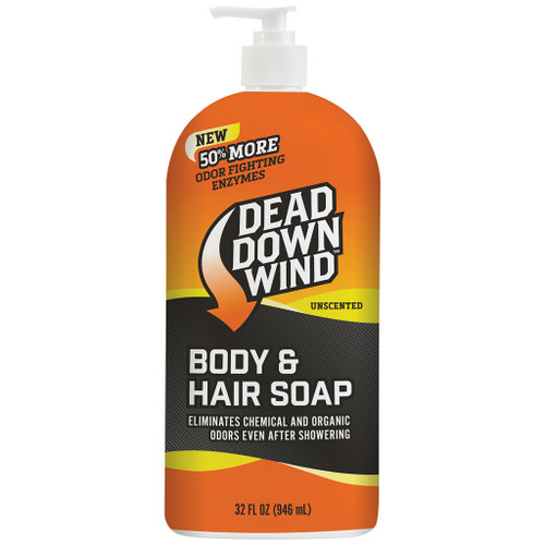 Dead Down Wind Body And Hair Soap Pump 32 Oz, orange and black bottle with white pump dispenser containing unscented body and hair soap for odor elimination.