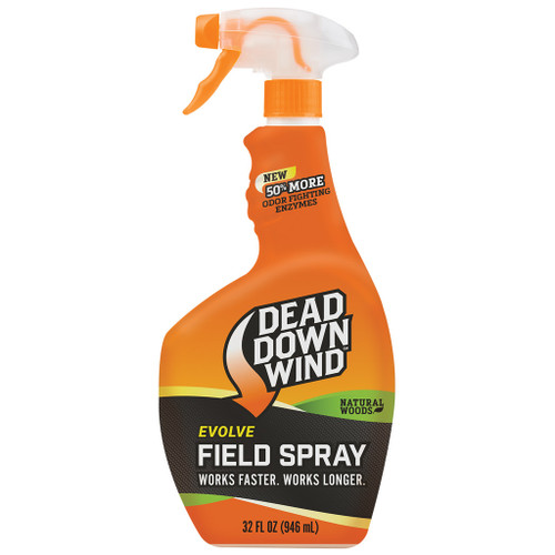 Dead Down Wind Field Spray Natural Woods 32 Oz, spray bottle of outdoor scent eliminator in orange with black and green label highlighting its efficacy and natural wood scent.