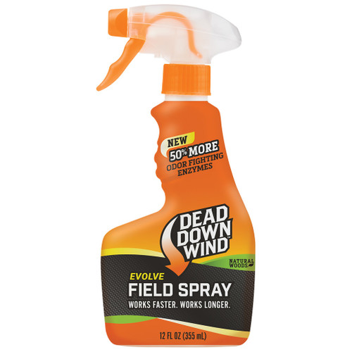Dead Down Wind Field Spray Natural Woods 12 Oz, orange spray bottle with white trigger, labels highlighting odor fighting enzymes and natural woods scent, designed for outdoor use.