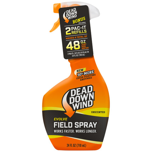 Dead Down Wind Field Spray Combo 24 Oz. Plus 2-12 Oz. Pac-its, outdoor scent control and odor elimination spray with bonus refill bottles, 48 oz. total.