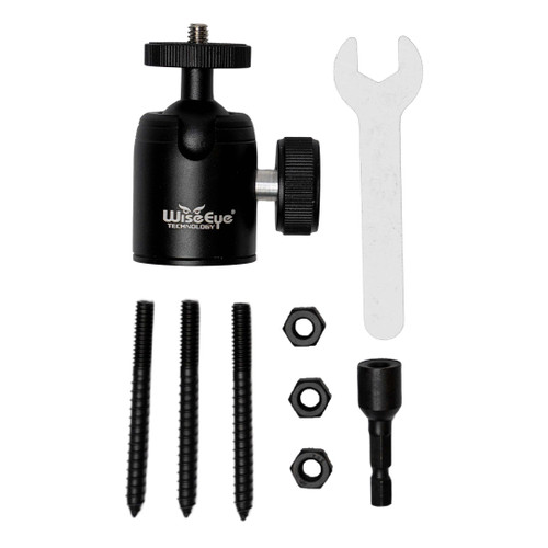 WiseEye Infinity Tree Mount for Trail Camera, package including mounting hardware, screws, wrench, and installation tools for secure outdoor camera placement.