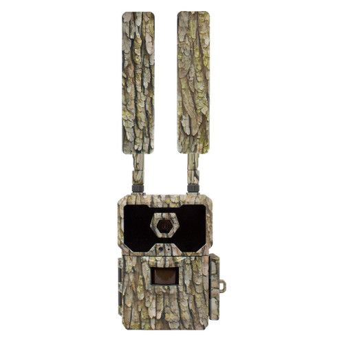 WiseEye DC-2 Trail Camera, camouflage patterned wildlife trail camera with dual antennas and infrared sensor for outdoor surveillance.