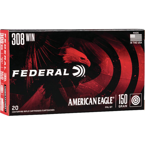 Federal American Eagle Rifle Ammo 308 Win, 150 Gr. FMJ Boat-tail, 20 Rds, box of centerfire rifle cartridges.
