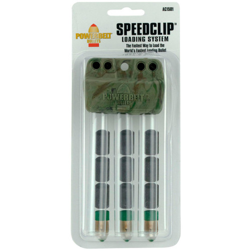 Powerbelt Speedclip Loading System Camo, camouflage hunting bullet loading system in packaging with three speed clips and a camouflage cover.