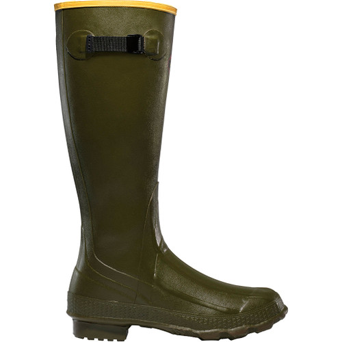 Lacrosse Grange Boots Od Green 13, waterproof rubber hunting boots in green with a black sole and adjustable strap at the top.