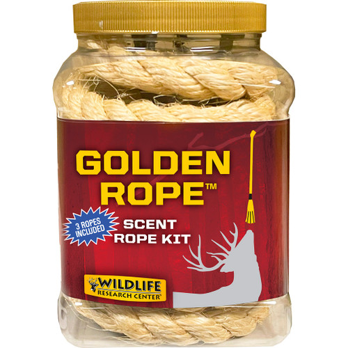 Wildlife Research Golden Rope Scent Rope Kit, transparent plastic jar with golden lid containing three braided ropes and a wildlife-themed label.