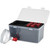 Hornady Premium Powder Funnel Kit, image of a plastic storage case with foam insert holding multiple red powder funnels, and a silver and red powder funnel outside the case.