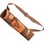 Bear Fred Bear Super Light Back Quiver, brown and tan leather and fabric back quiver for archery with adjustable strap and storage pocket for arrows.