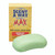 Scent-a-way Max Bar Soap 3.5 Oz., light green soap bar with embossed logo, in front of yellow packaging with blue and red text, featuring a wood grain background design.
