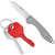 Cobratec Rian Folding Pocket Knife Folding Blade Grey, shown with keys and a red keychain, featuring a grey handle and a partially serrated stainless steel blade.
