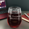 Personalized 17oz stemless wine glass with a laser-etched map of Blacksburg, VA, optional backside text. Ideal for Virginia Tech fans, alumni, and professionals, making a unique and thoughtful gift.