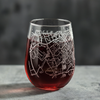 17oz stemless wine glass with a laser etched map of Blacksburg, VA, highlighting Virginia Tech University. This personalized glass is perfect for Hokie fans and makes a unique gift for alumni and residents of Blacksburg.