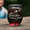 Customized 17 oz stemless wine glass, expertly engraved with Godmother design. Thoughtful gift for a godmother proposal or a special commemorative occasion. The precision of the etching and the quality of the glass are highlighted, making it a perfect keepsake that is both practical and sentimental.