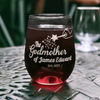 Personalized 'The Godmother' Engraved 17 oz Stemless Wine Glass - Custom Laser-Etched Glassware for Godmother Proposal, on a Textured Table with Natural Backdrop