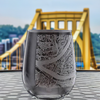 Pittsburgh map etched stemless wine glass with optional personalized text on backside in 9 font choices, perfect for gifts and keepsakes.