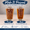 Front and back views of the State College map pint glass showing the fixed map design and optional personalized engraving in nine fonts.