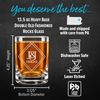 13.5 oz heavy-base rocks glass, 4.25 inches tall with a 3.125-inch base diameter; laser etched, dishwasher safe and lead free.