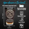 Promotional image for a 16 oz heavy sham pint glass featuring the Maltese Cross and personalized text. Highlights include: dishwasher safe, laser etched, and lead-free. Ideal for firefighter gifts and durable drinkware.